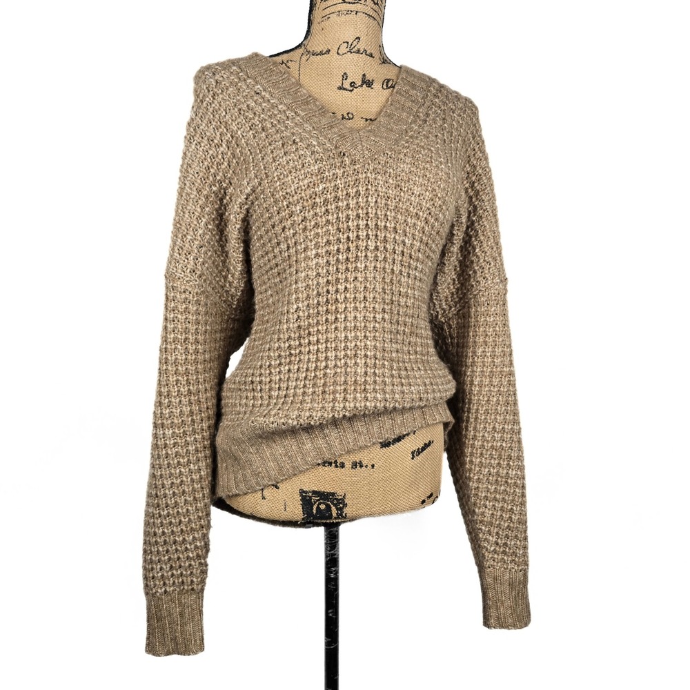 American Eagle Womens XS Tan Brown Chunky Knit V-Neck Oversized Sweater Pullover